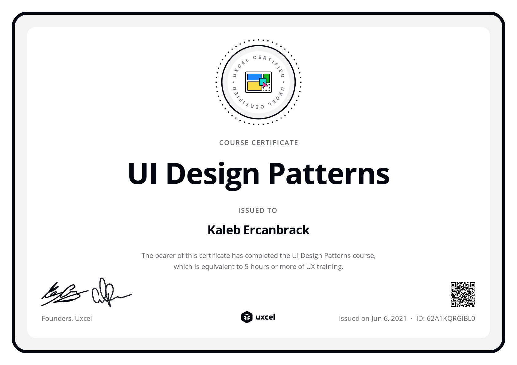 Kaleb Ercanbrack's certificate